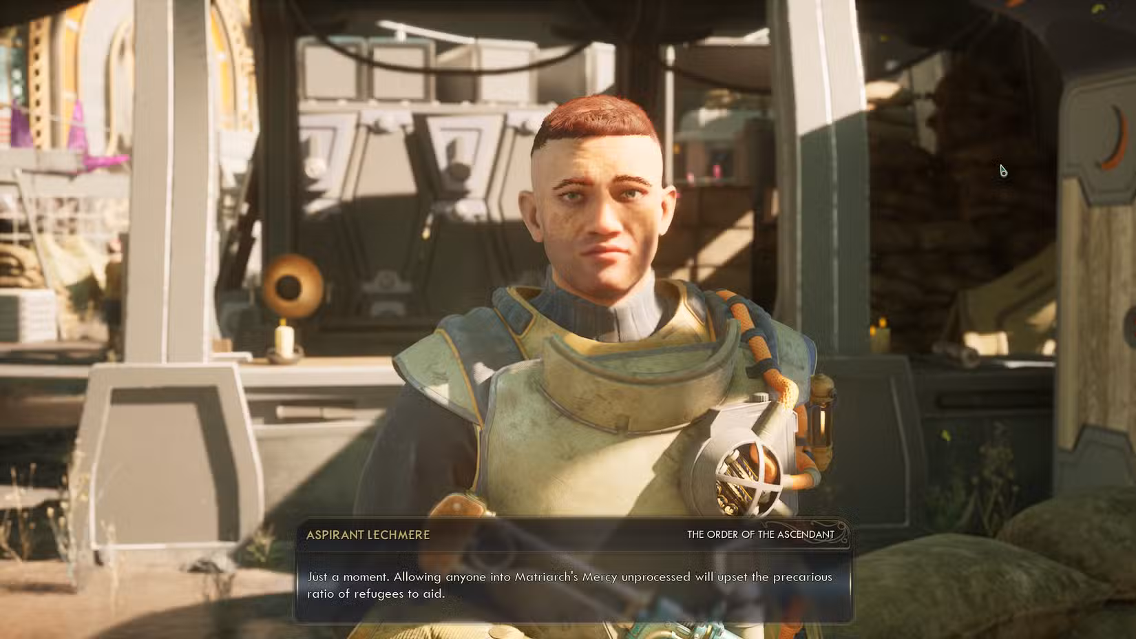 Um acólito da Ordem em Outer Worlds 2 dizendo que não pode perturbar a proporção de refugiados em relação à ajuda