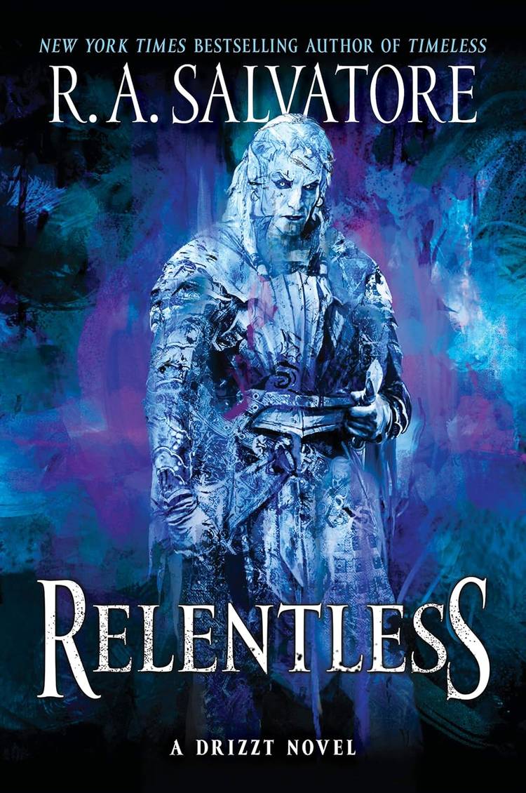 O guerreiro drow Zaknafein na capa de Relentless de RA Salvatore