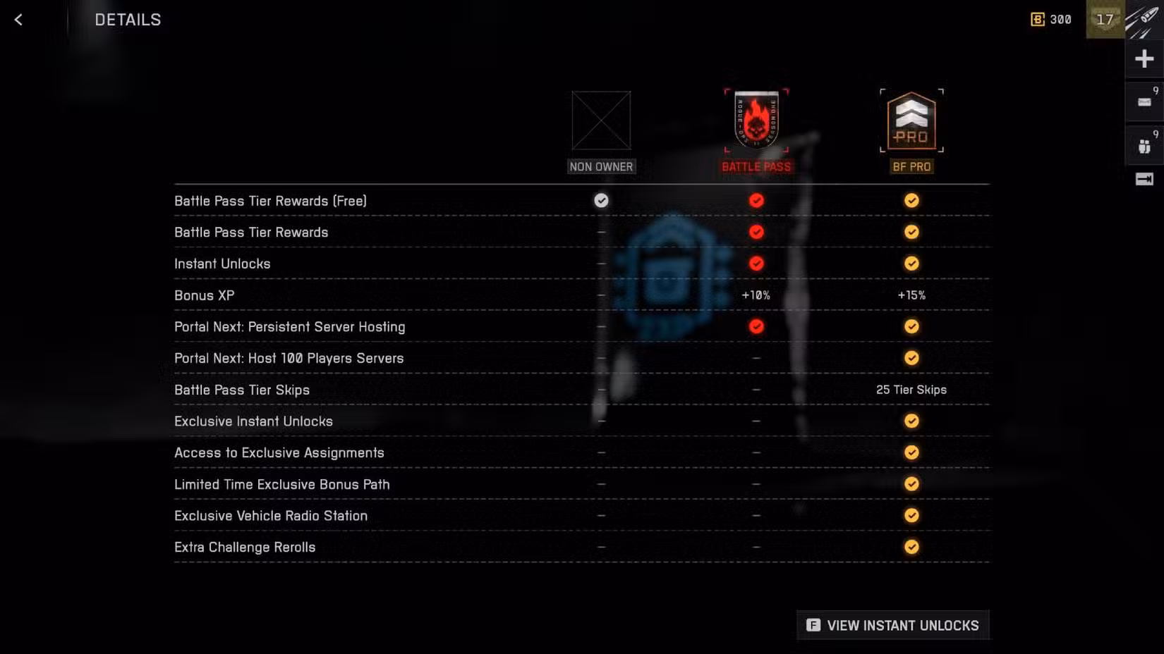 Uma tabela no Battlefield 6 comparando o passe de batalha gratuito com as versões premium e BF Pro.