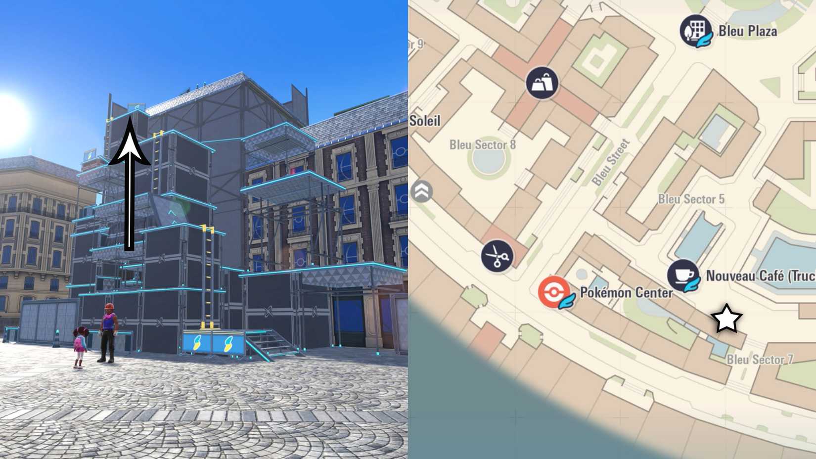 Um mapa que mostra onde encontrar andaimes específicos para escalar em Pokémon Legends: ZA.