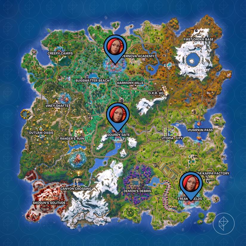 Mãe dos Espinhos, também conhecida como Doja Cat, locais marcados no mapa de Fortnite.