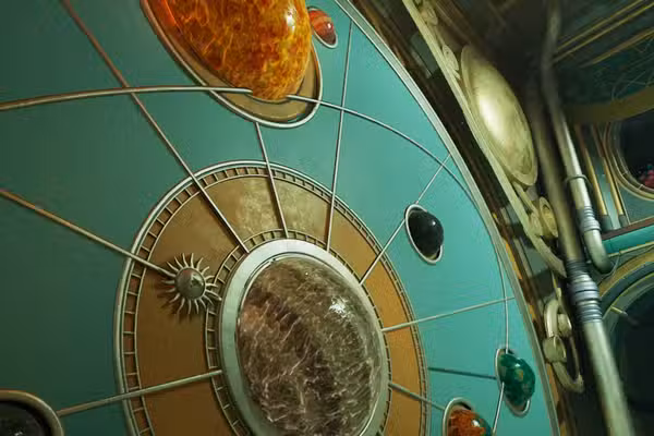 Uma captura de tela de The Outer Worlds 2 mostrando um mural com planetas