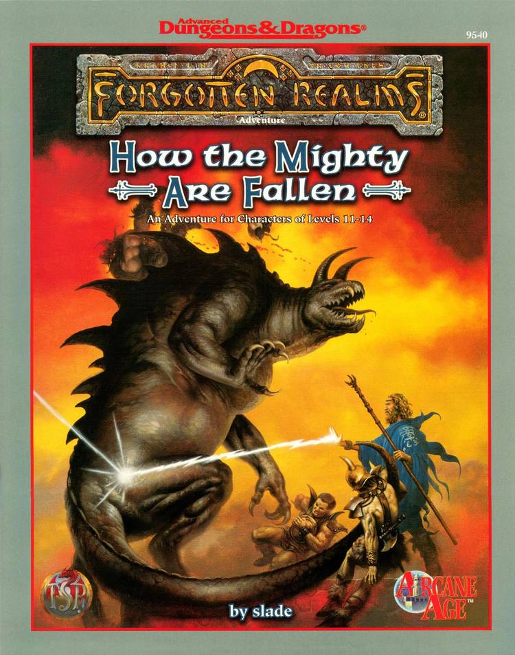 A capa da aventura AD&D 2e How the Mighty Are Fallen retratando os heróis lutando contra um Tarrasque