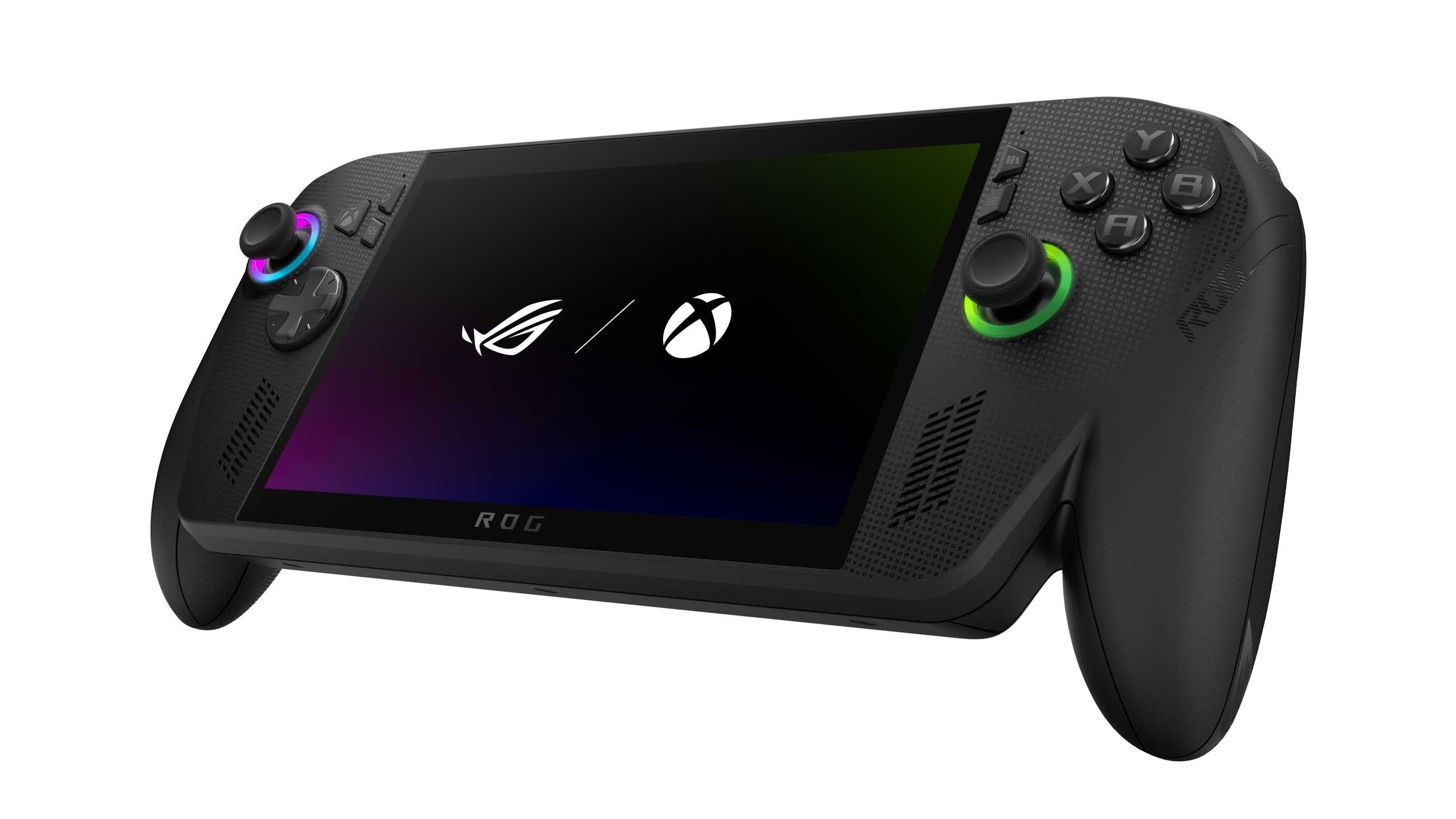 Um console portátil ROG Xbox Ally X em um fundo branco