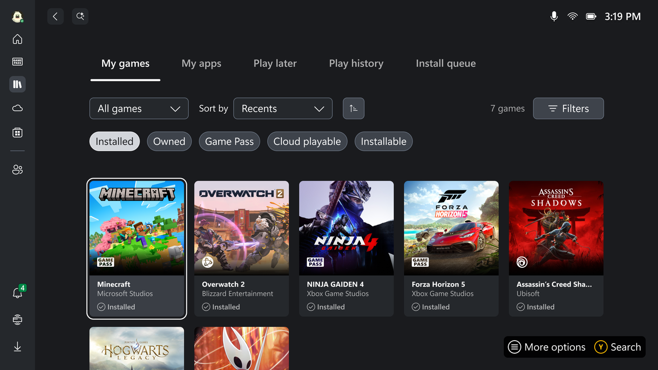 A UI da biblioteca de jogos para a experiência de tela cheia do Xbox no ROG Xbox Ally