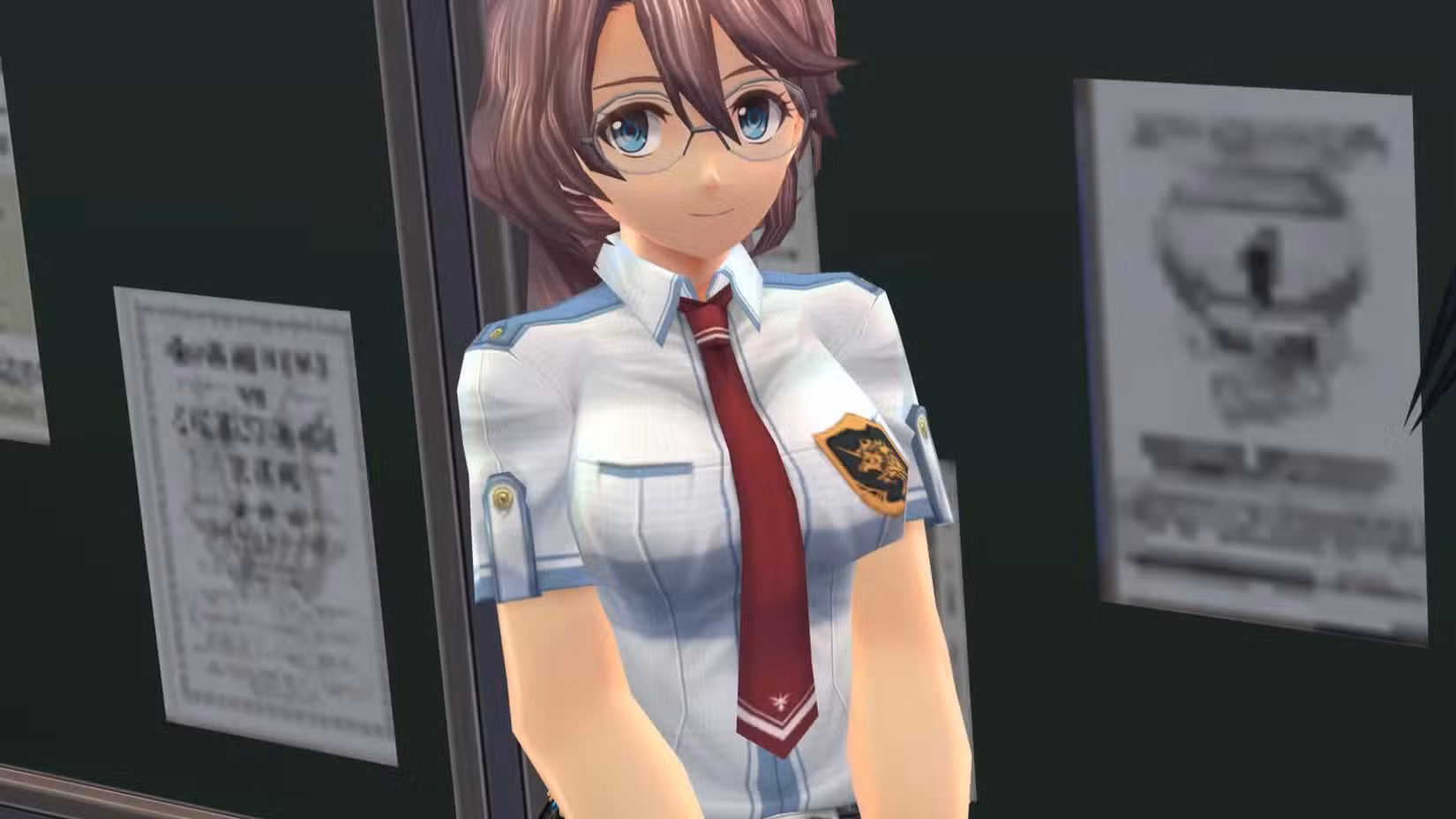 Uma captura de tela de Trails of Cold Steel mostrando Emma Millstein em seu primeiro ano vestindo o uniforme de verão de Thors