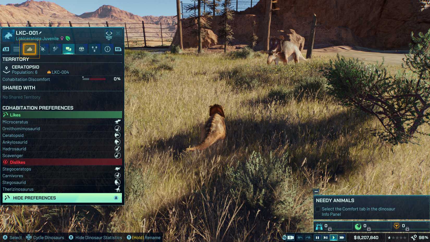 As estatísticas de um dinossauro são mostradas, refletindo o seu bem-estar.