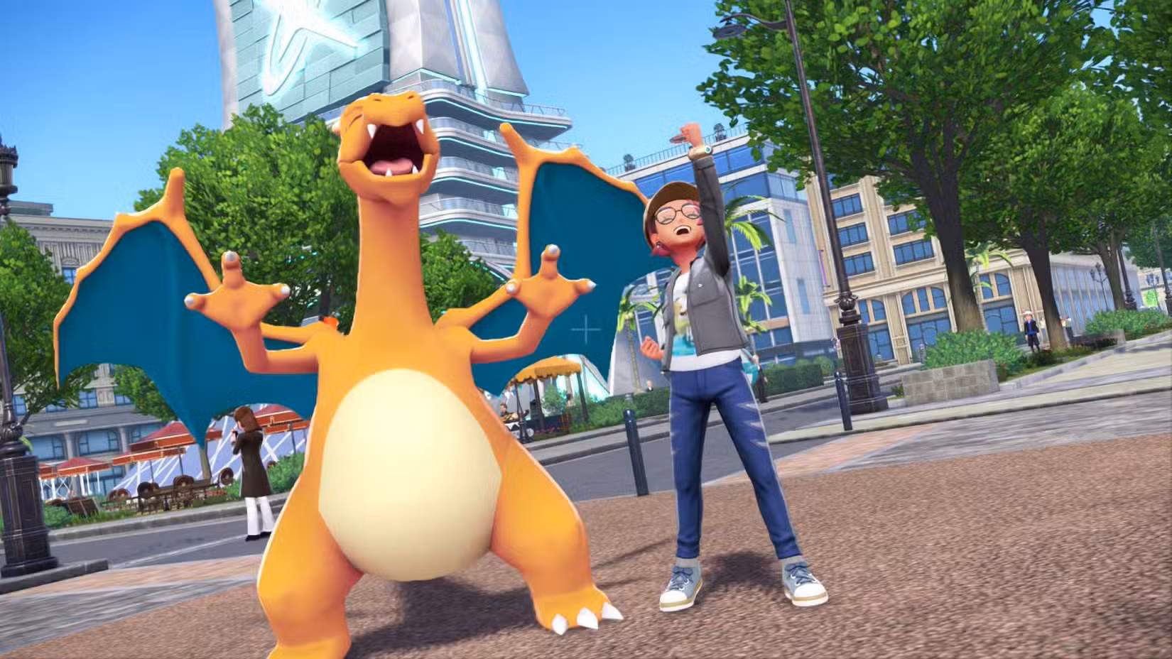 Um treinador e Charizard gritando juntos em Pokémon Legends ZA.