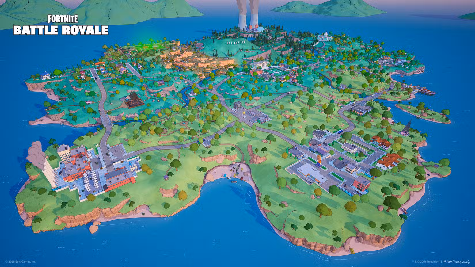 Uma visão isométrica do mapa da mini temporada Fortnite Simpsons, Springfield Island.