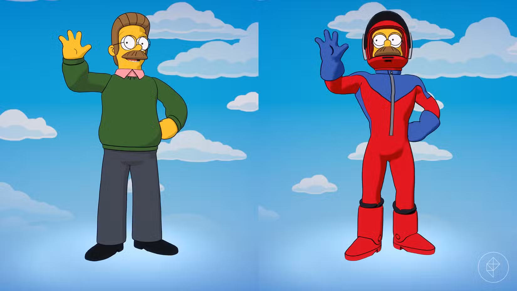 Skins de Ned Flanders e Stupid Sexy Flanders conforme aparecem em Fortnite.