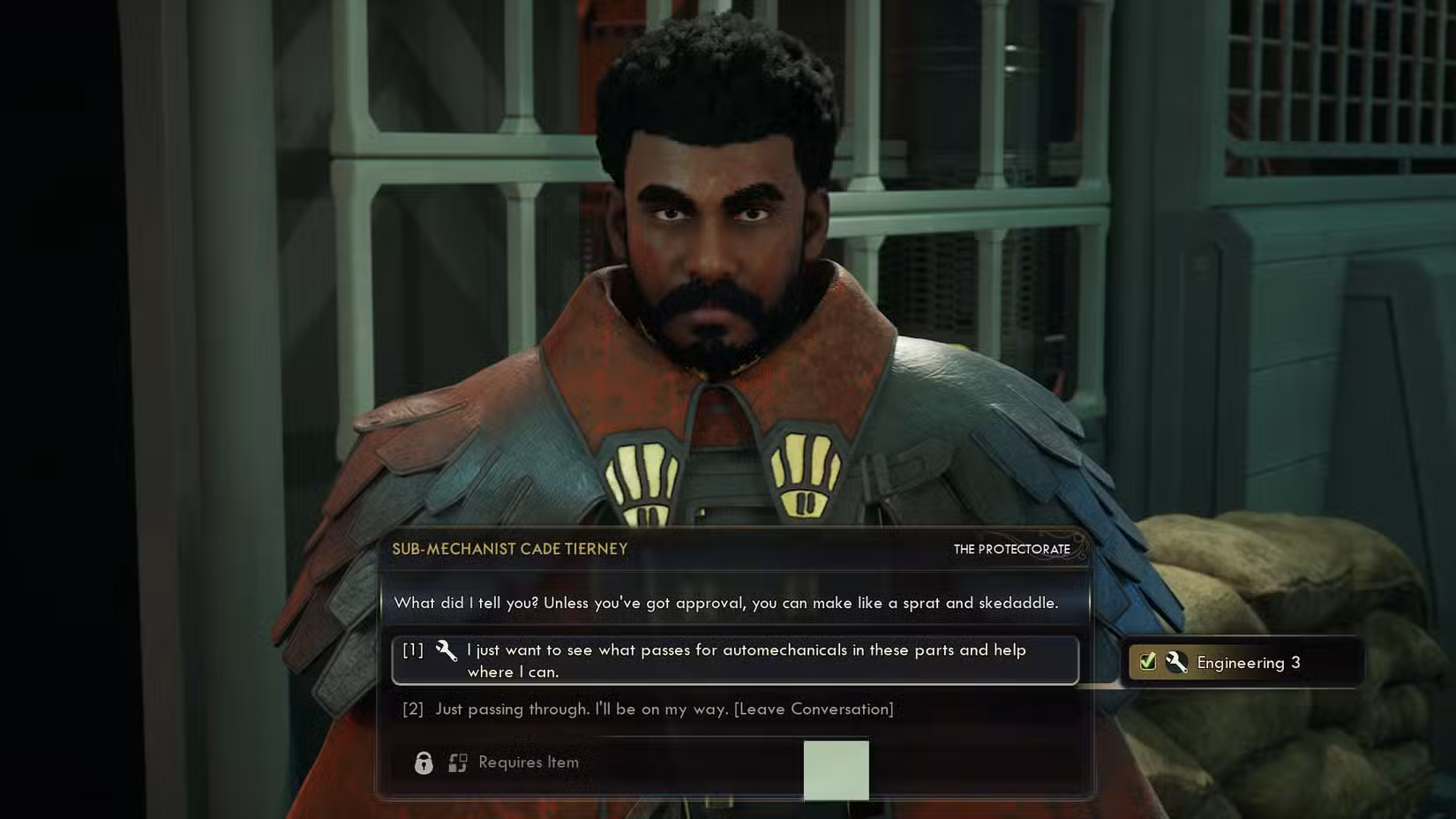 Uma captura de tela de The Outer Worlds 2 mostrando o submecanista Cade Tierney e as opções de diálogo disponíveis se você tiver a habilidade Engenharia no nível 3