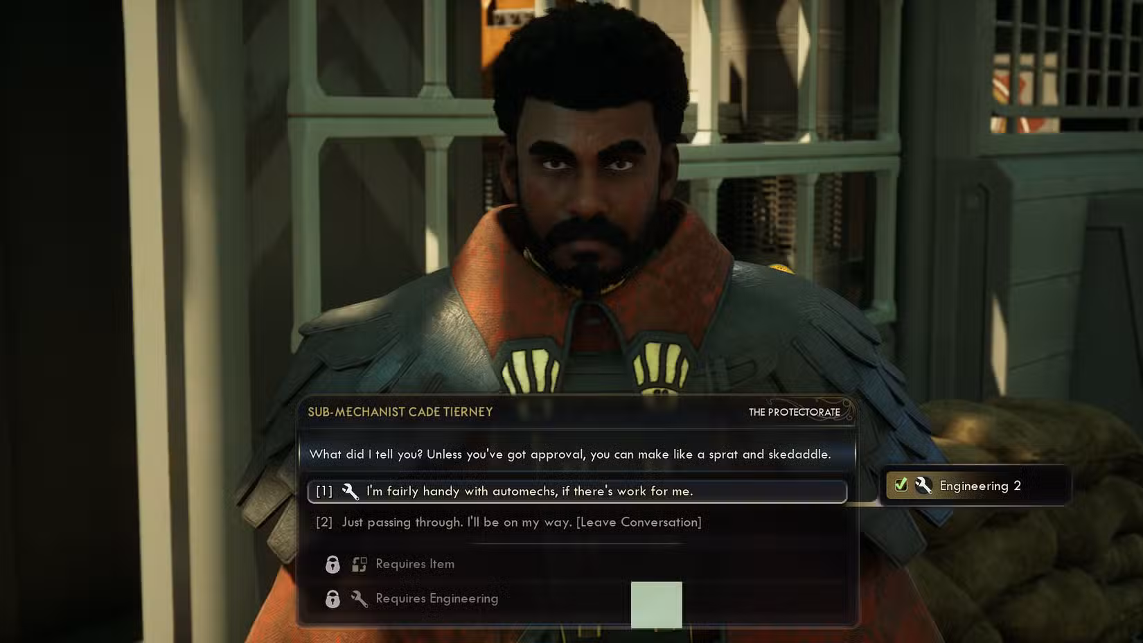 Uma captura de tela de The Outer Worlds 2 mostrando o diálogo com o submecanista Cade Tierney quando você só tem a Engenharia 2.