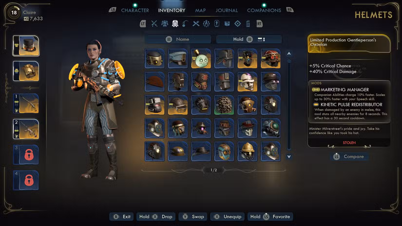 Tela de inventário do Outer Worlds 2, com o chapéu de Milverstreet.