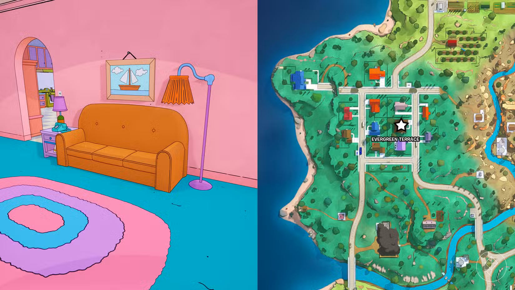O sofá dos Simpsons conforme aparece em Fortnite junto com sua localização no mapa Fortnite.