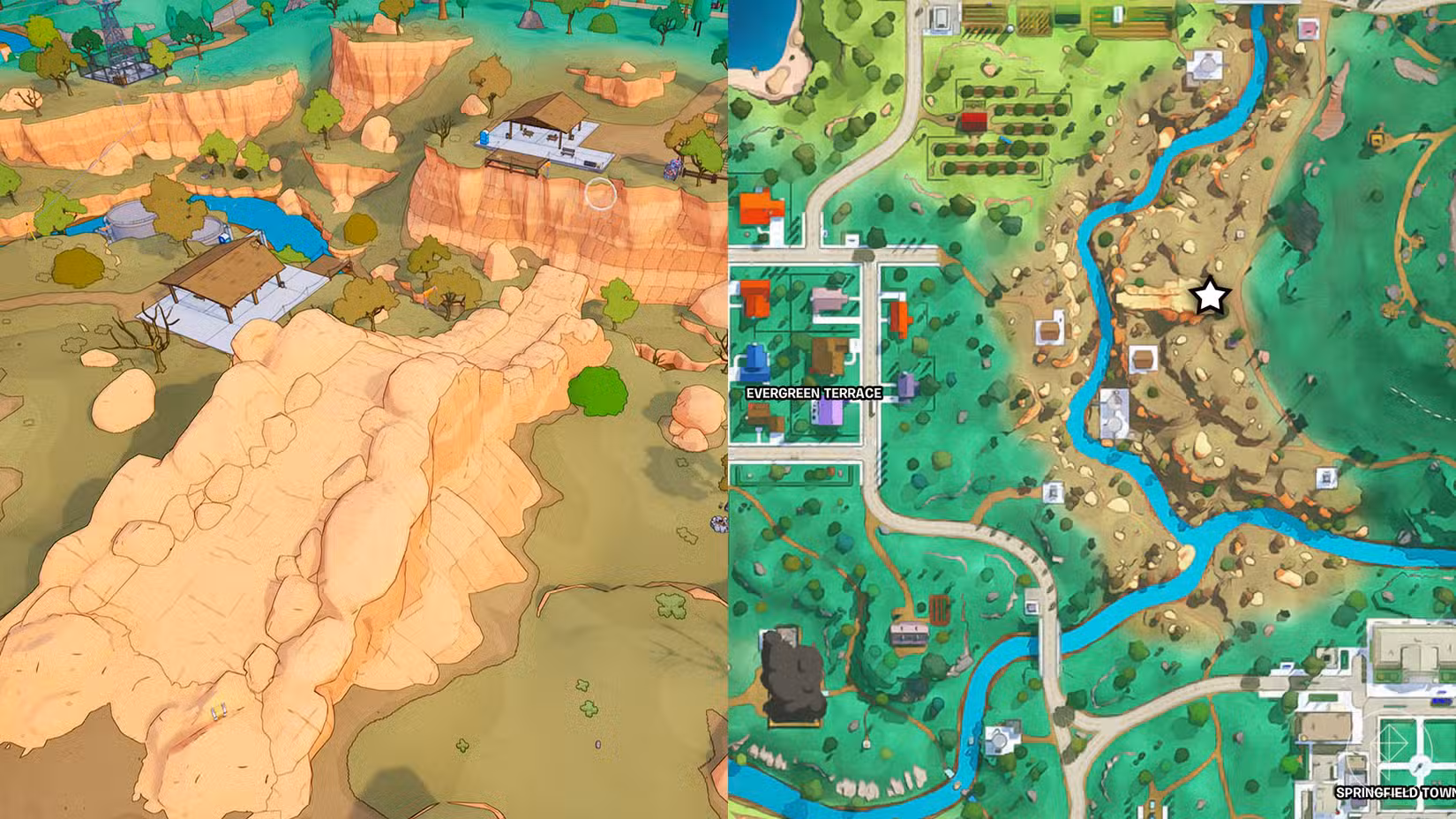 Uma rampa que permite pular o desfiladeiro de Springfield em Fortnite.