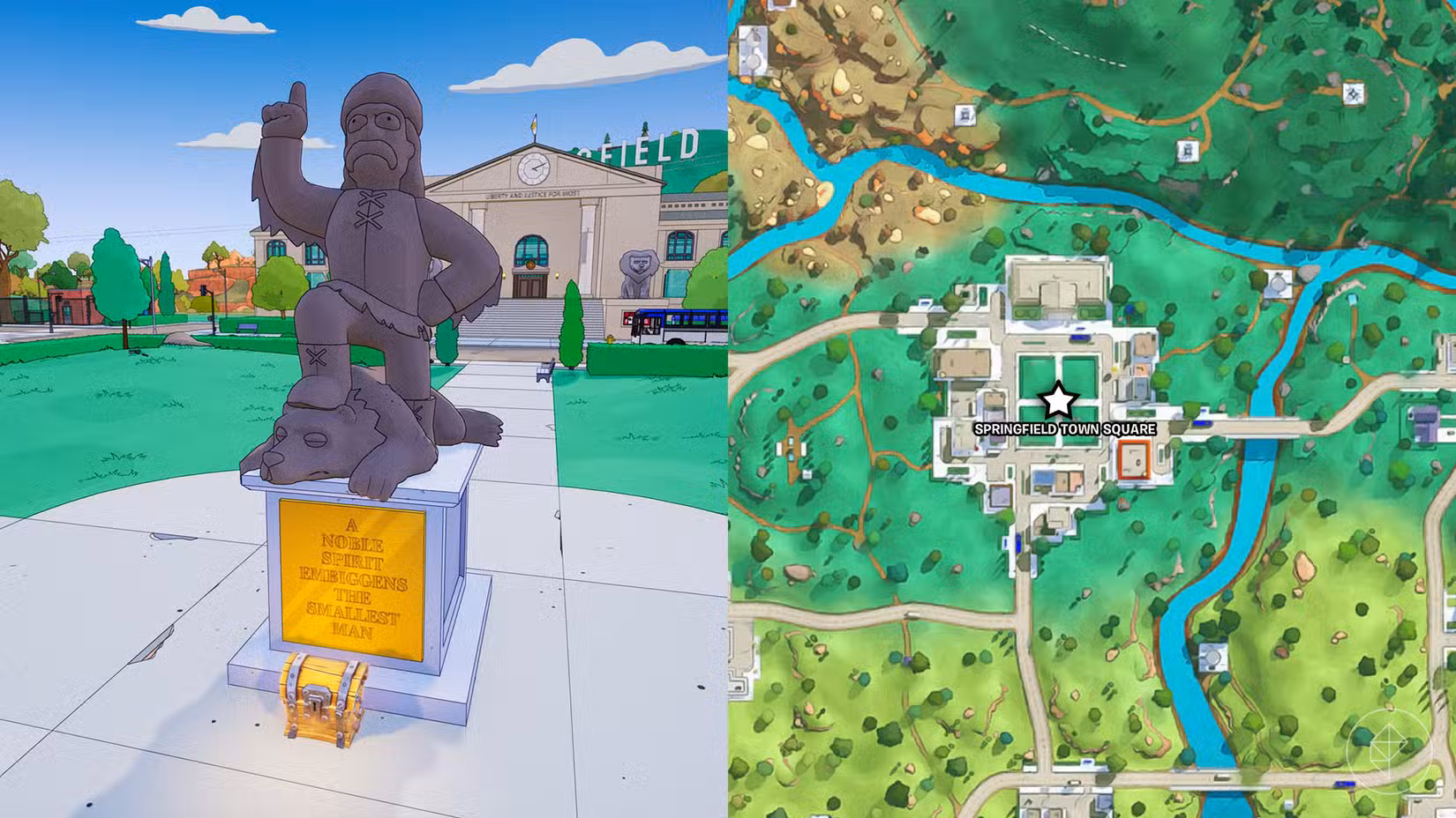A estátua de Jebediah Springfield junto com sua localização marcada por uma estrela no mapa Fortnite.