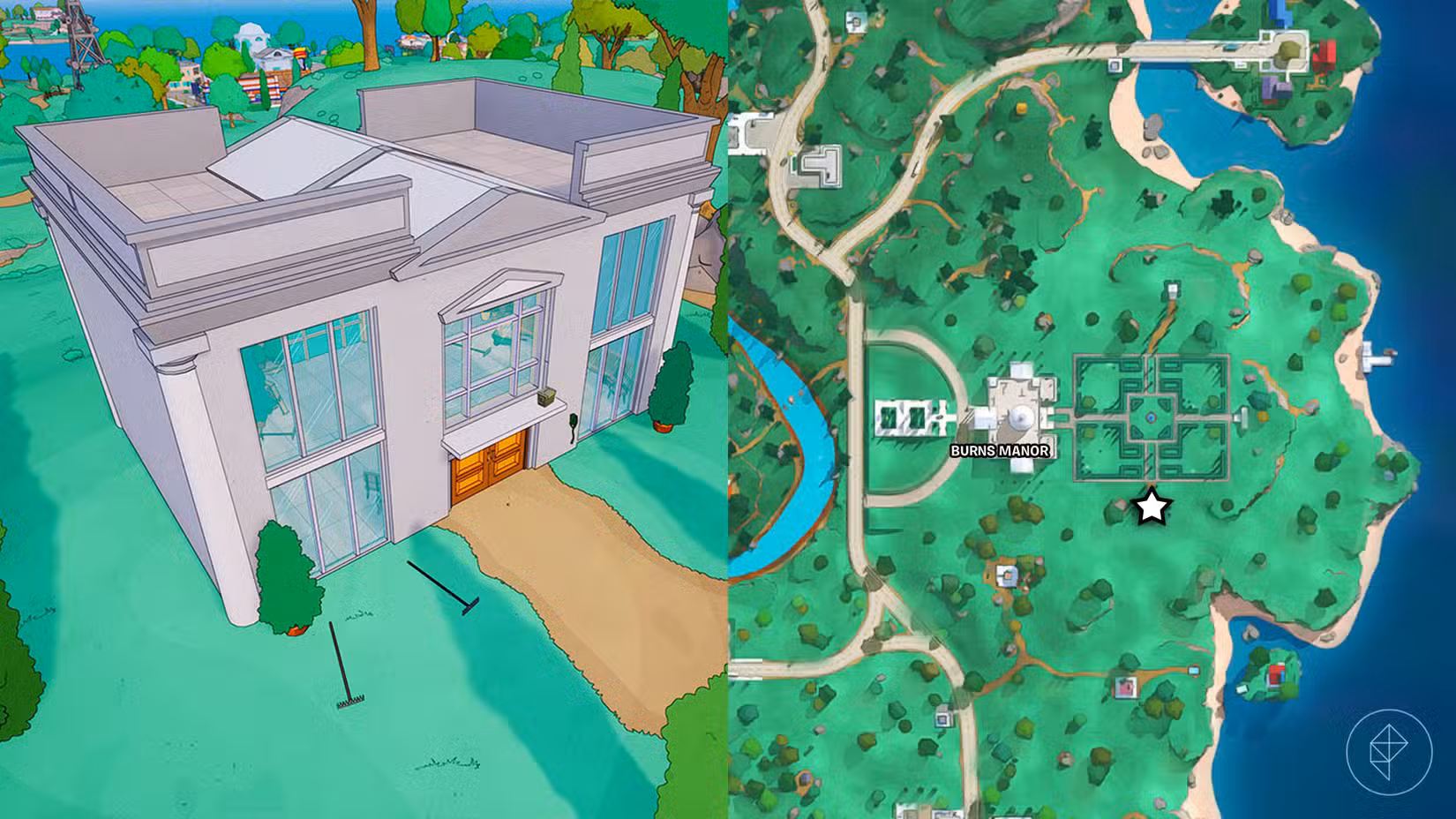 Um prédio com ancinhos encontrado fora de Burns Manor em Fortnite.