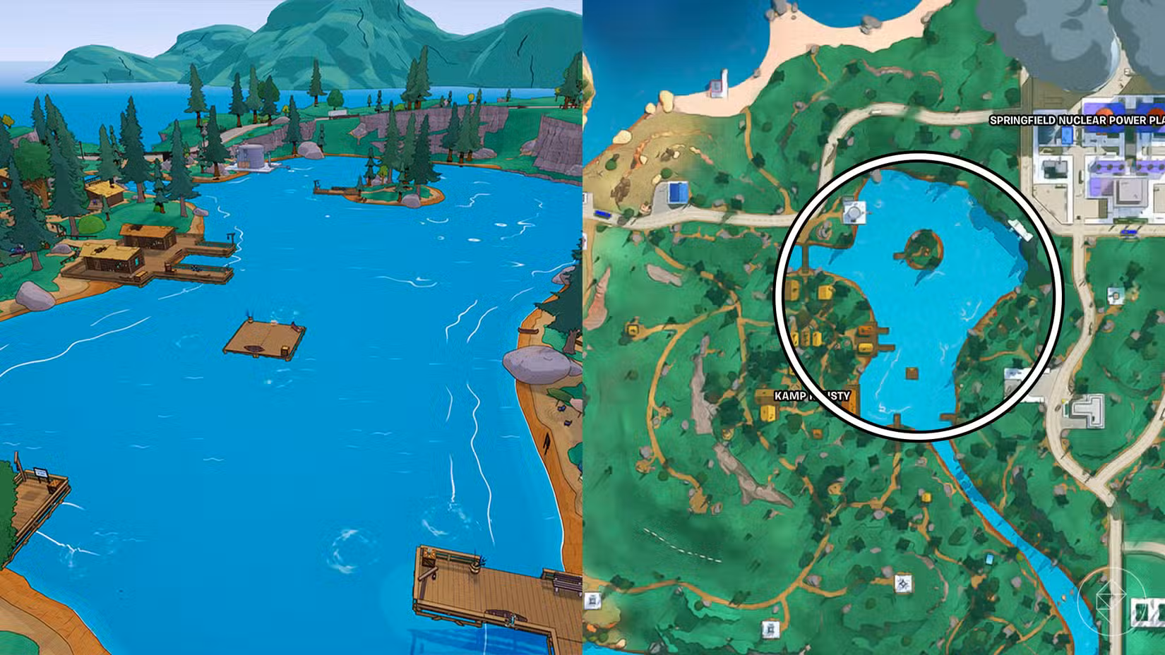 O lago perto de Kamp Krusty circulado no mapa Fortnite.
