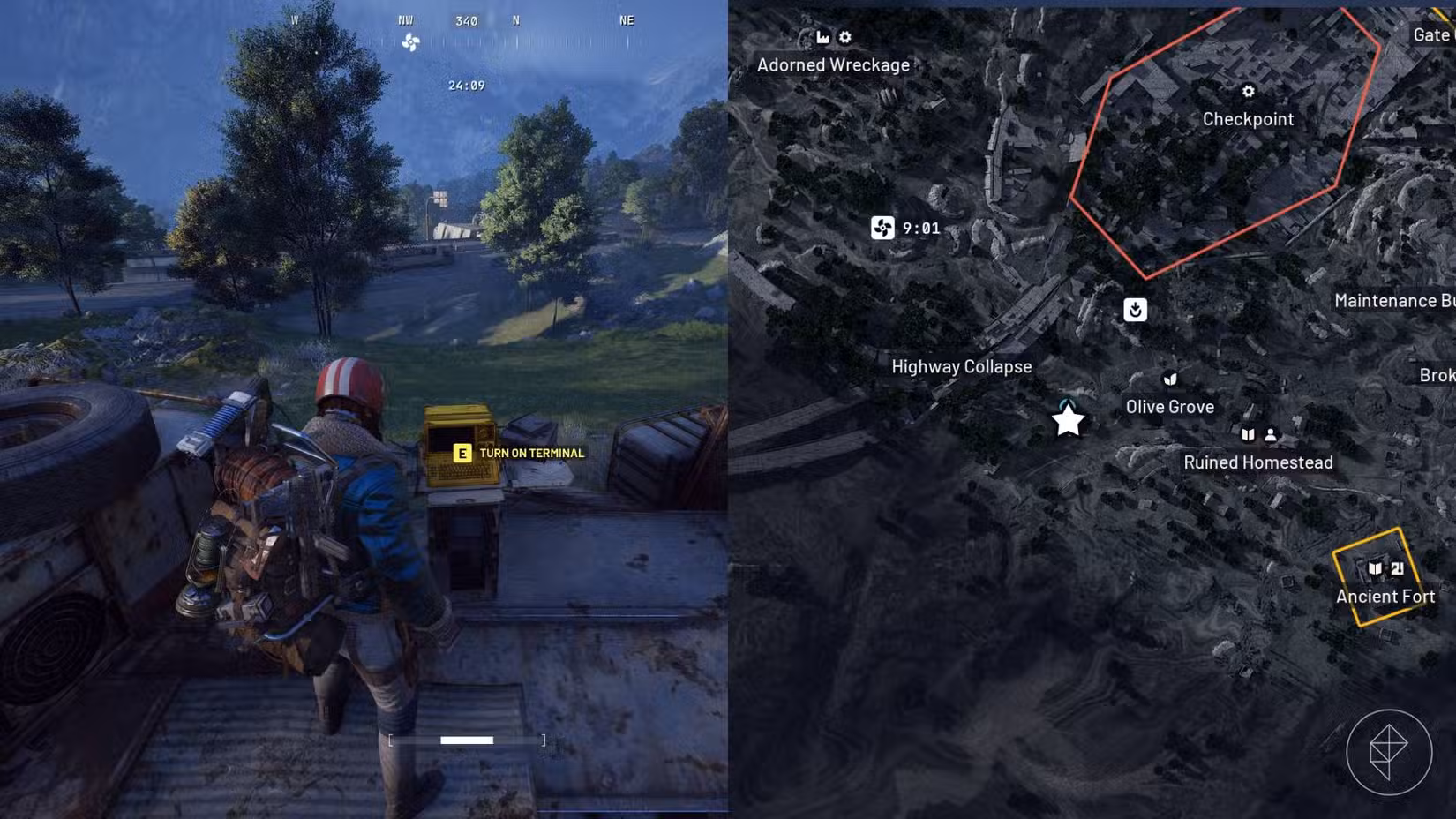 Uma imagem dividida mostrando a localização do objetivo no mapa no lado direito e o personagem do jogador parado na frente do objetivo à esquerda.