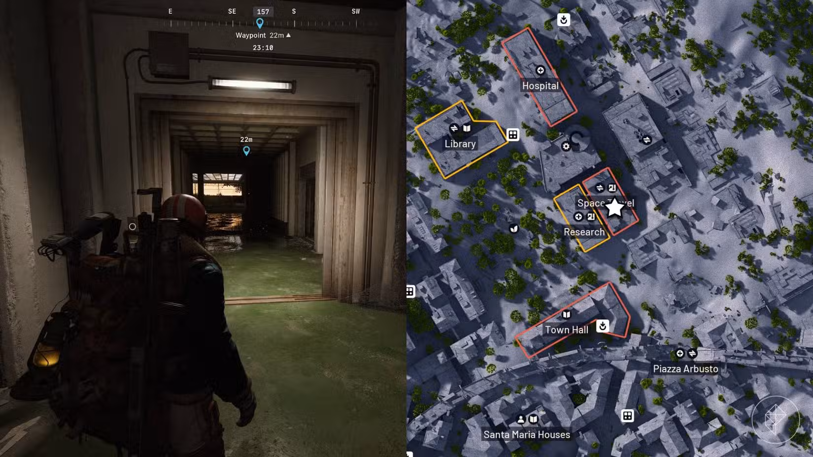 Uma imagem dividida mostrando o personagem do jogador em Arc Raiders próximo ao local que ele deve visitar para completar a missão à esquerda, e o local no mapa do jogo marcado com um ícone de estrela à direita.