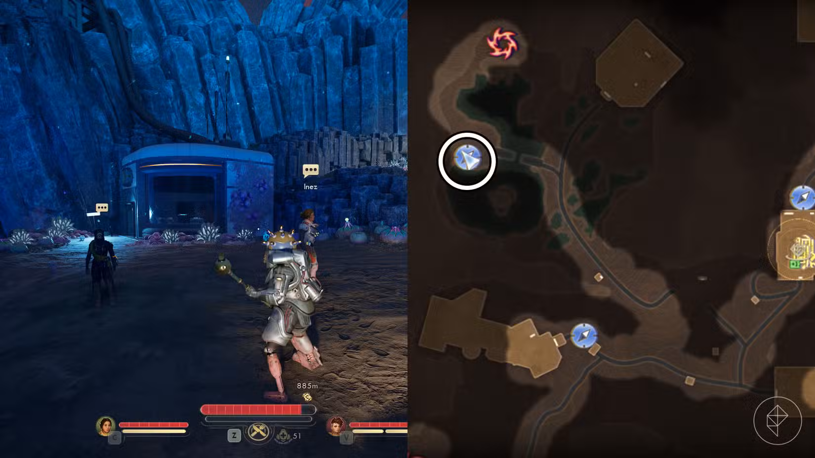 Uma montagem de duas capturas de tela de The Outer Worlds 2 mostrando a localização da torre noroeste do pára-raios