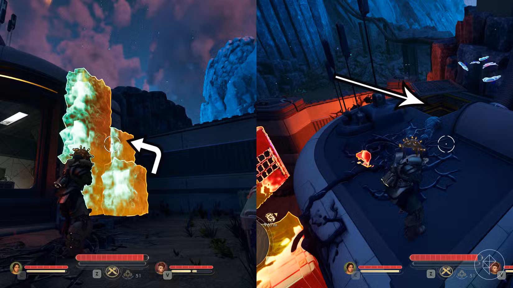 Uma montagem de duas capturas de tela de The Outer Worlds 2 mostrando como acessar a abertura no telhado da sala de controle da torre do pára-raios sudoeste