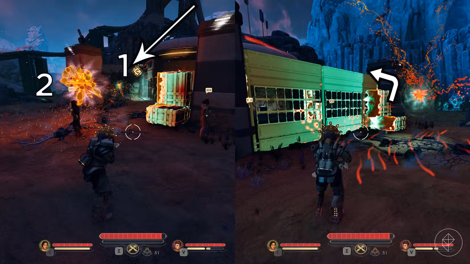 Uma montagem de duas capturas de tela de The Outer Worlds 2 mostrando a ordem em que você deve abrir as anomalias de fenda na torre relâmpago sudoeste