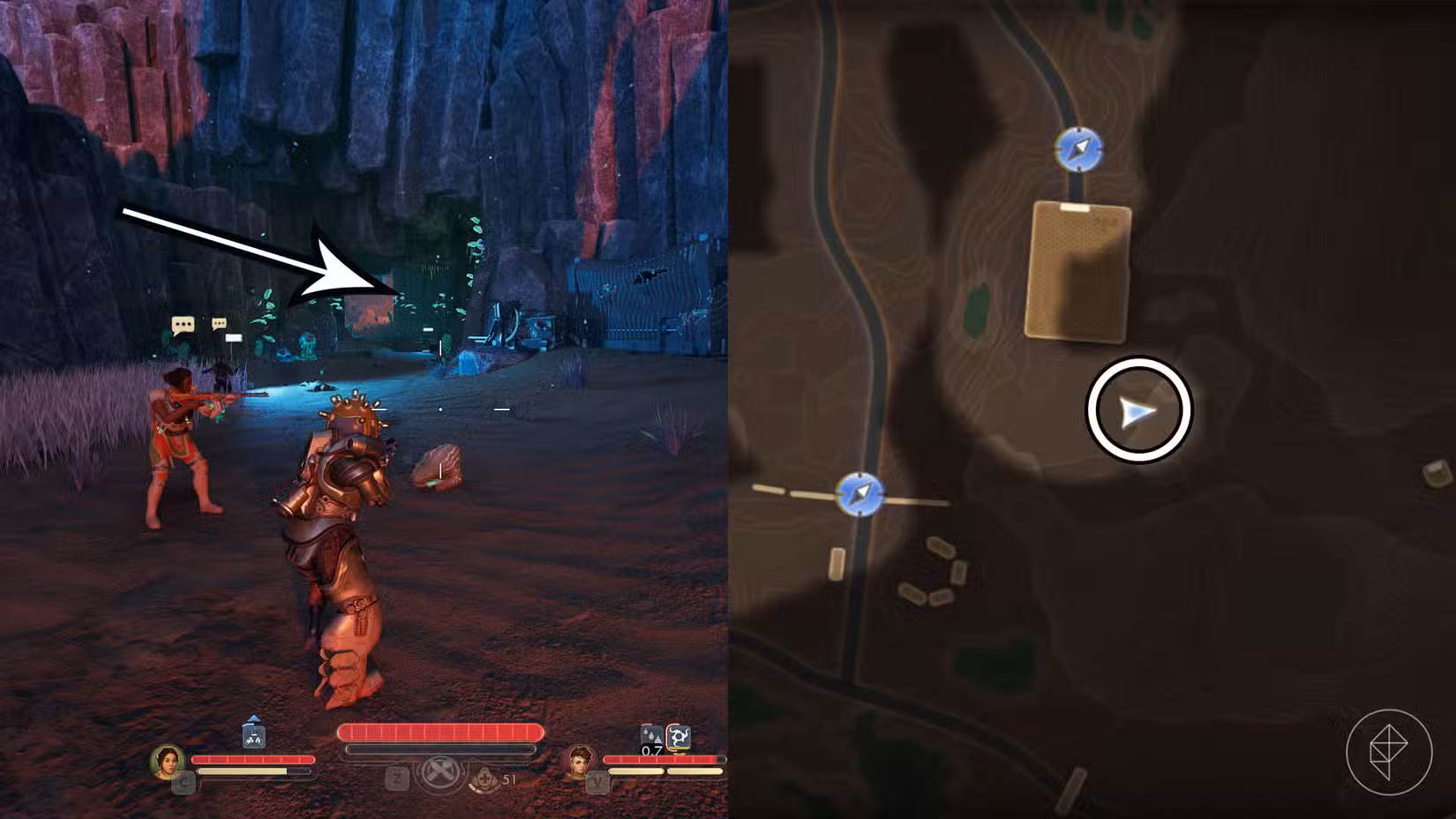 Uma montagem de duas capturas de tela de The Outer Worlds 2 mostrando a localização do túnel que você deve usar para encontrar a torre sudeste do pára-raios