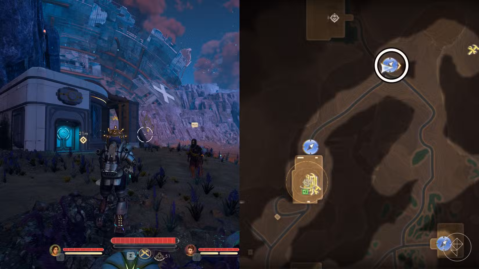 Uma montagem de duas capturas de tela de The Outer Worlds 2 mostrando a localização da torre do para-raios a nordeste