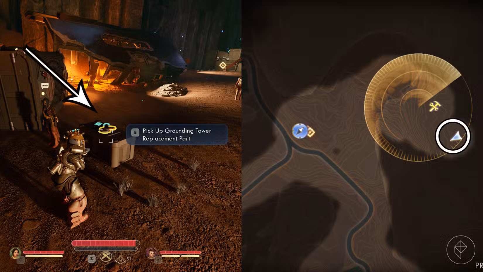 Uma montagem de duas capturas de tela de The Outer Worlds 2 mostrando a localização da peça que falta que você precisa obter para recalibrar a torre do pára-raios nordeste