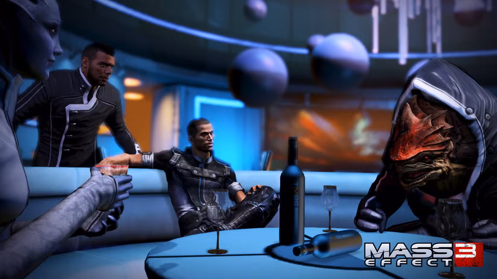 Um Krogan senta-se com Shepard em Mass Effect 3.