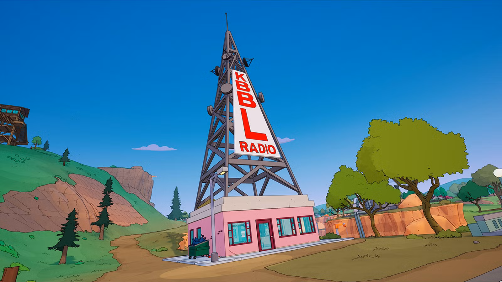Uma torre de rádio KBBL dos Simpsons conforme aparecem em Fortnite.