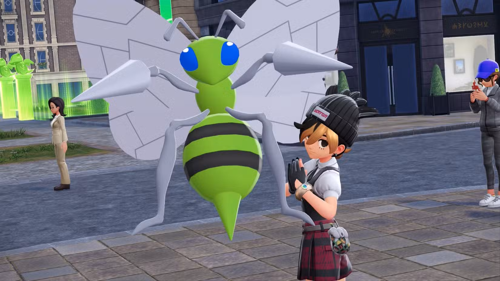 Uma treinadora Pokémon posa com as mãos entrelaçadas e um Beedrill brilhante em Pokémon Legends: ZA.