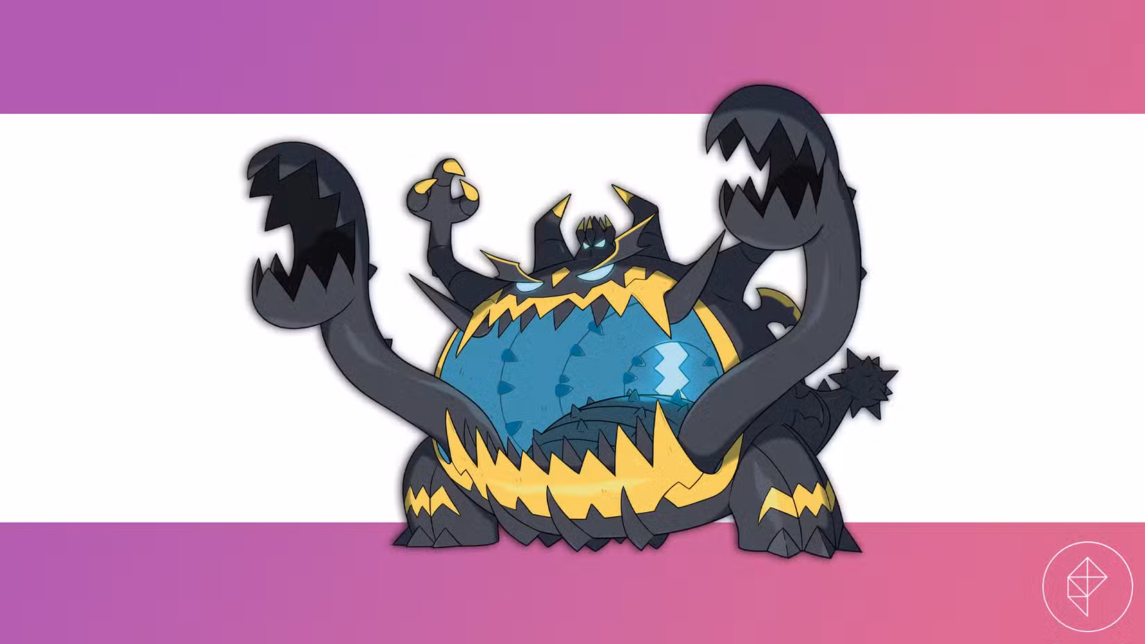 Guzzlord contra um fundo roxo e branco