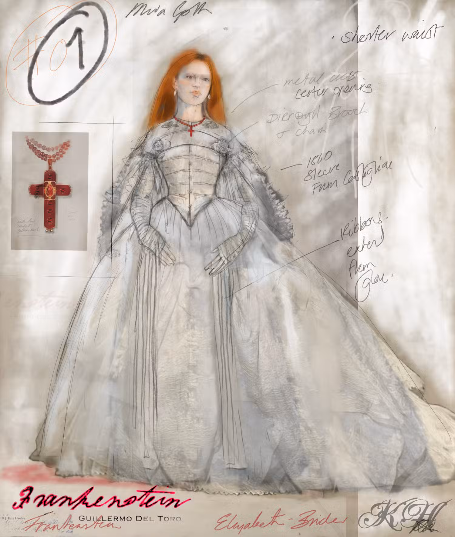 um esboço do vestido de noiva de Elizabeth no filme Frankenstein de 2025