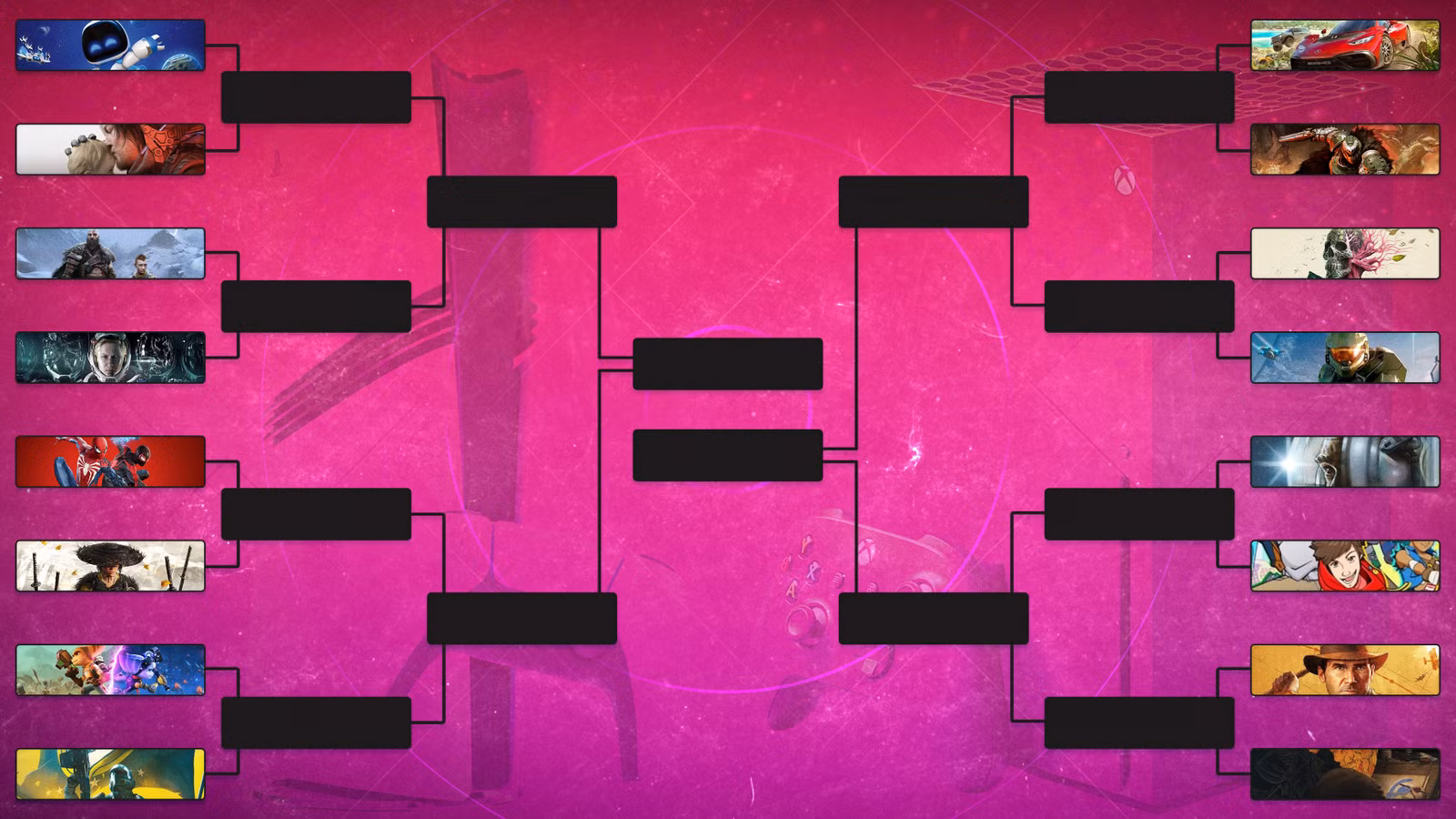 Um colchete mostra oito jogos PS5 contra oito jogos Xbox Series X.