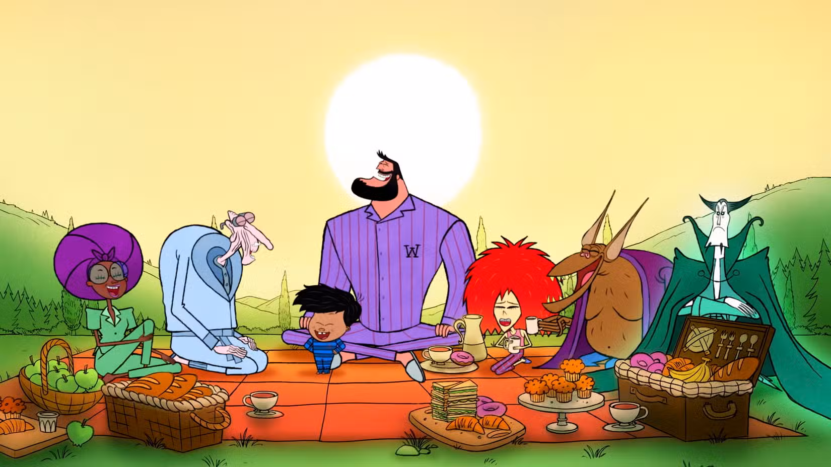 Alicia Pennyworth, Alfred Pennyworth, Damian Wayne, Bruce Wayne, Claire Selton, Man-Bat e R'as Al Ghul fazem um piquenique em família no BAT-FAM