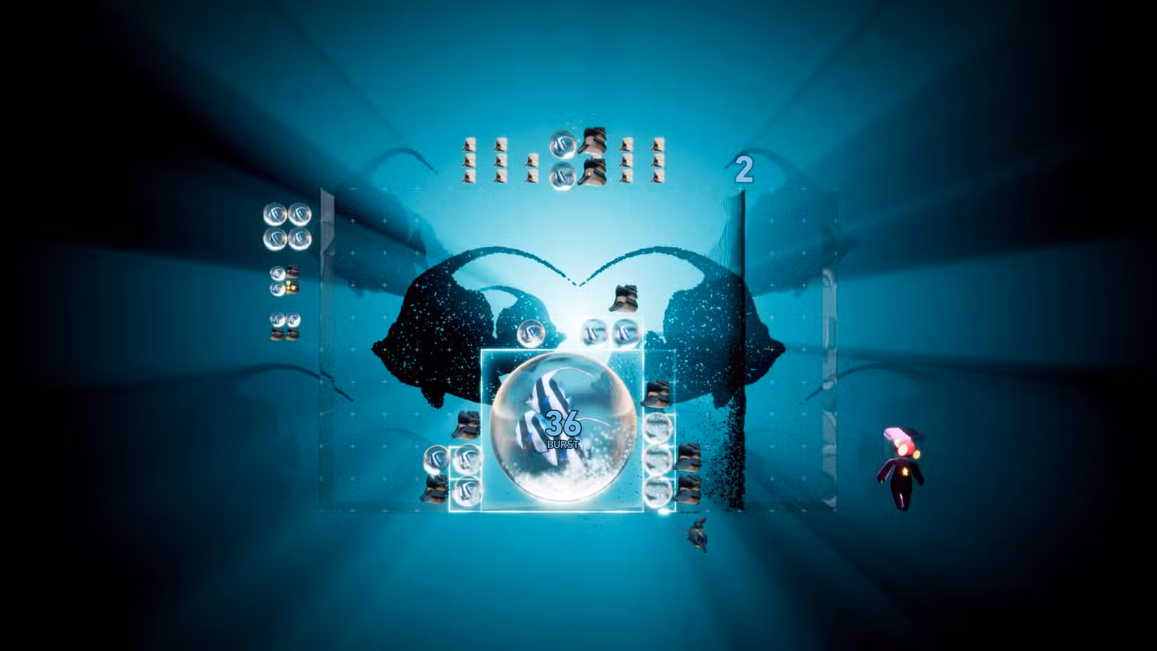 Um quebra-cabeça Lumines Arise parece estar debaixo d’água.