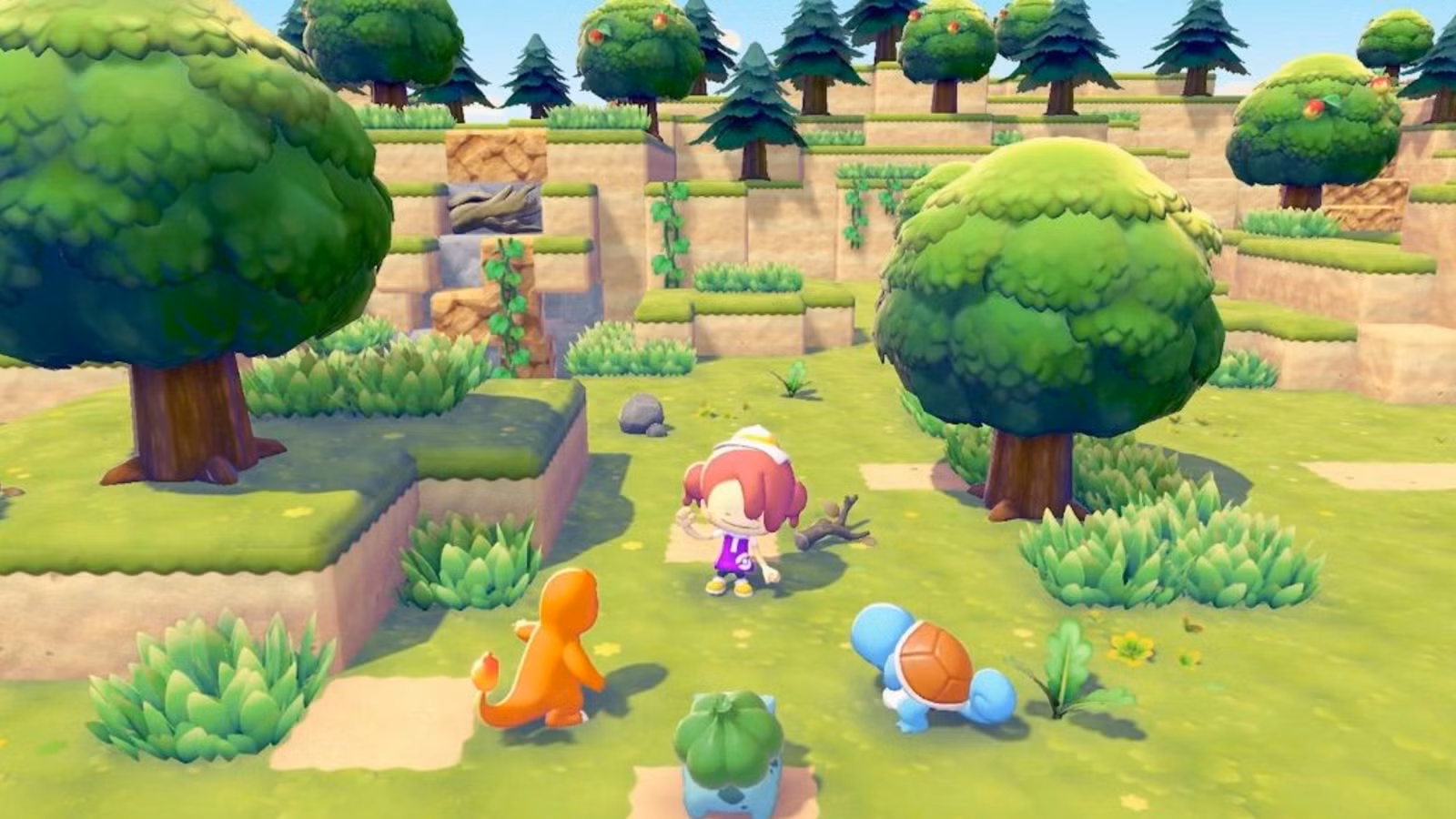 Um humano Ditto (o quê??) com Charmander, Squirtle e Bulbasaur.