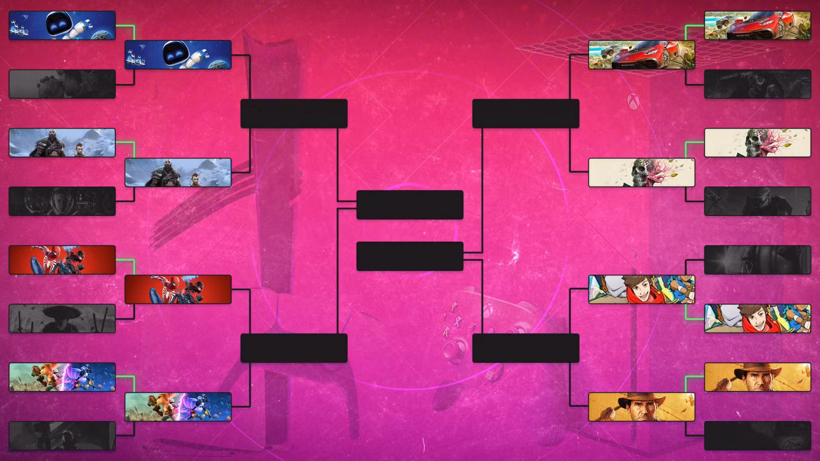 Uma chave de torneio mostra jogos PS5 e Xbox Series X competindo.