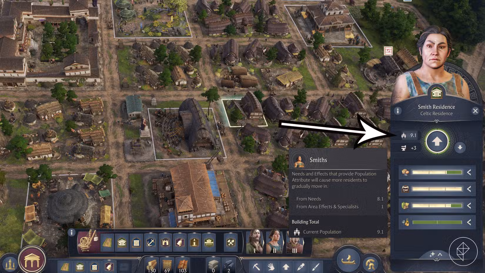 Uma seta aponta para a população atual de um edifício residencial no Anno 117: Pax Romana.