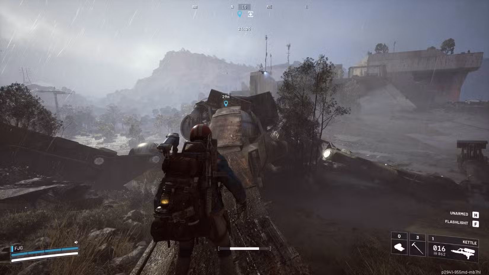 O jogador em Arc Raiders em pé na perna de um Baron Husk no mapa Dam Battlegrounds.