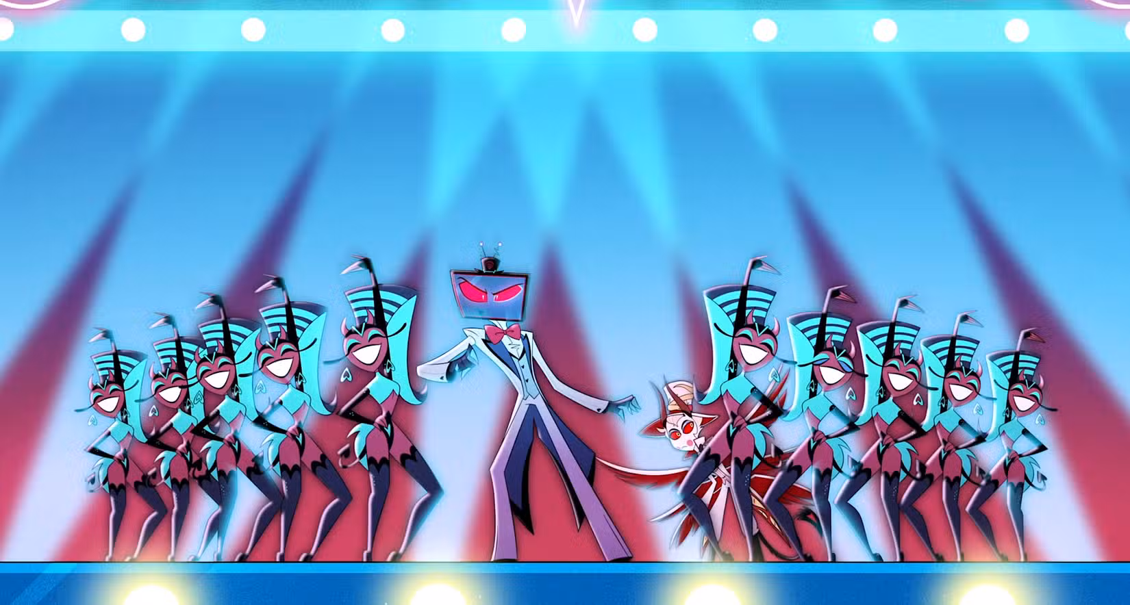 Vox, um demônio com uma TV de tela plana no lugar da cabeça, lidera um coro de dançarinos no palco na 2ª temporada do Hazbin Hotel