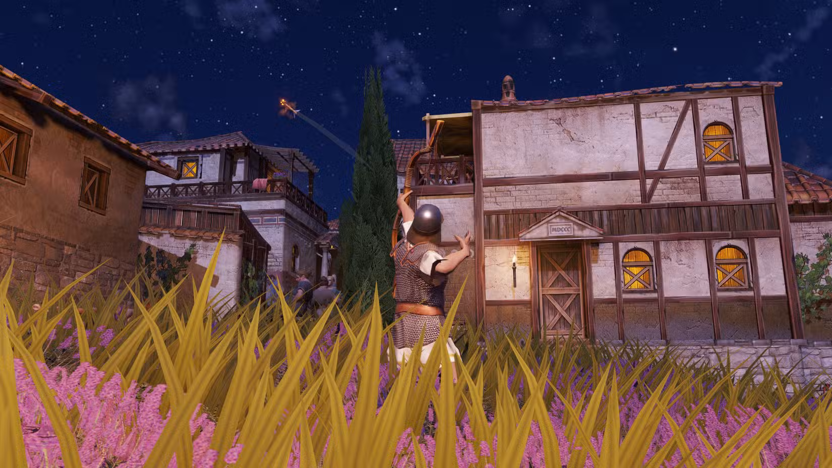 Um jogador atirando uma flecha no modo terceira pessoa em Anno 117: Pax Romana.