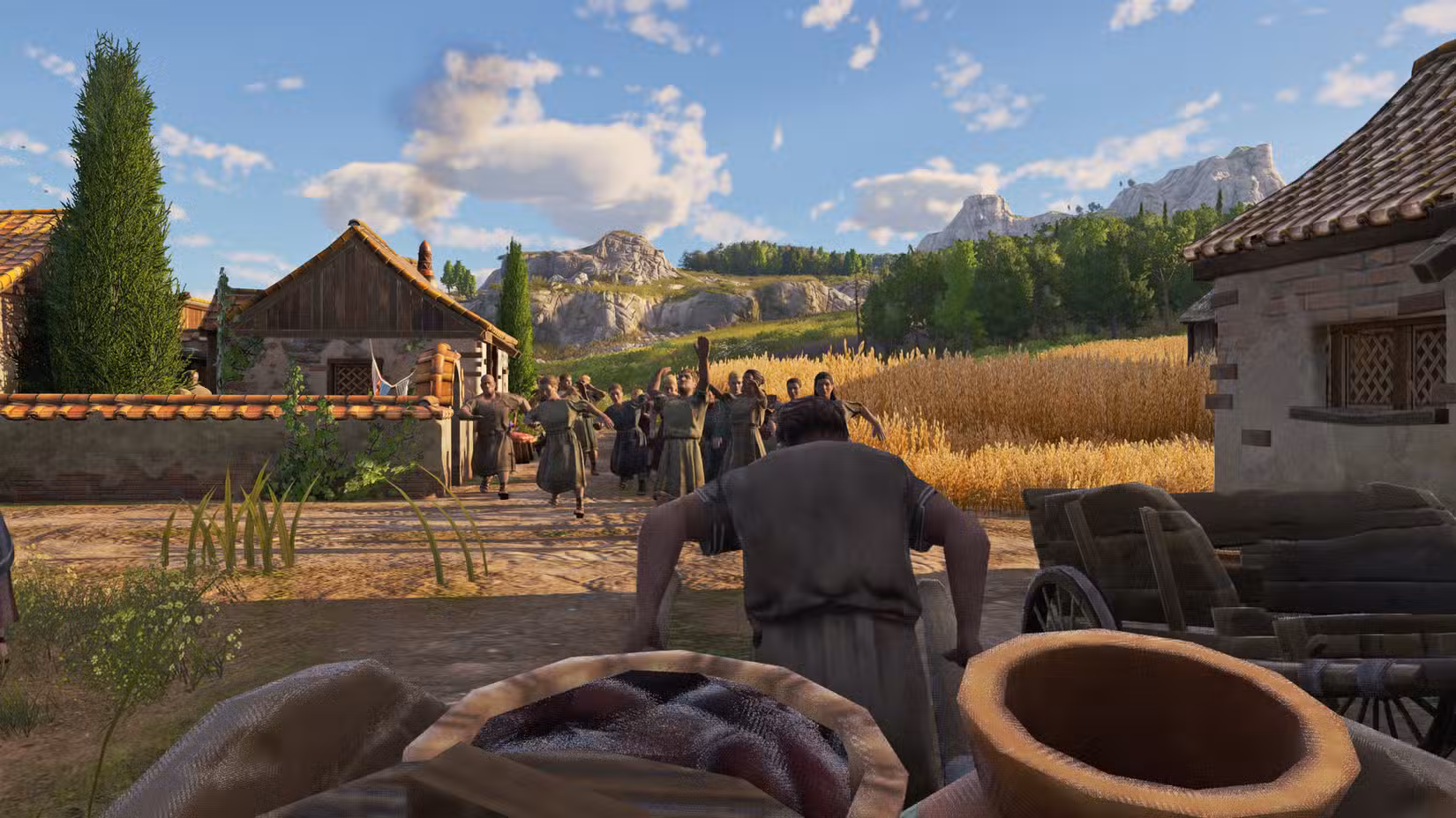 Um jogador andando de carroça em Anno 117: modo de primeira pessoa de Pax Romana.