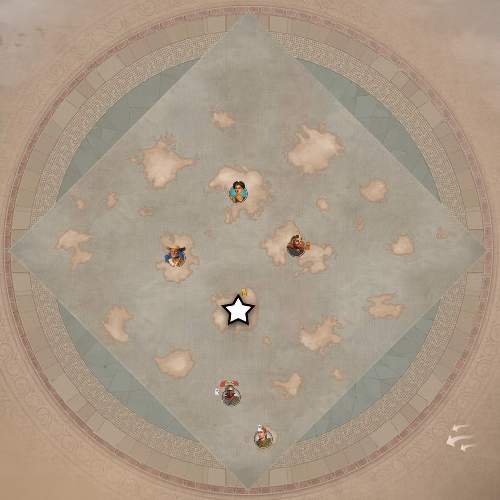 Um mapa do arquipélago de Albion com um ponto de spawn do jogador em Anno 117: Pax Romana.