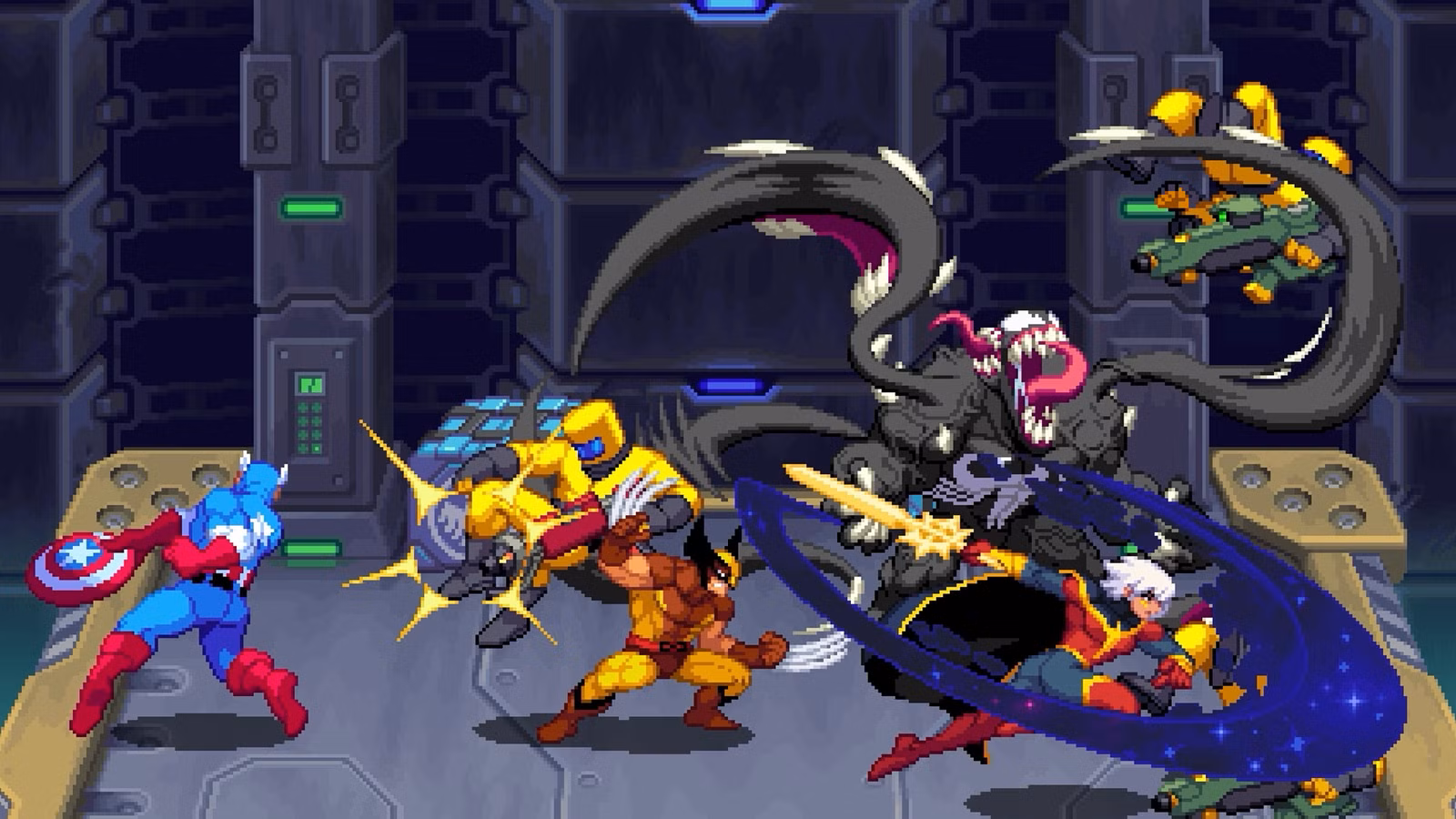 Heróis da Marvel lutando contra agentes AIM em Marvel Cosmic Invasion