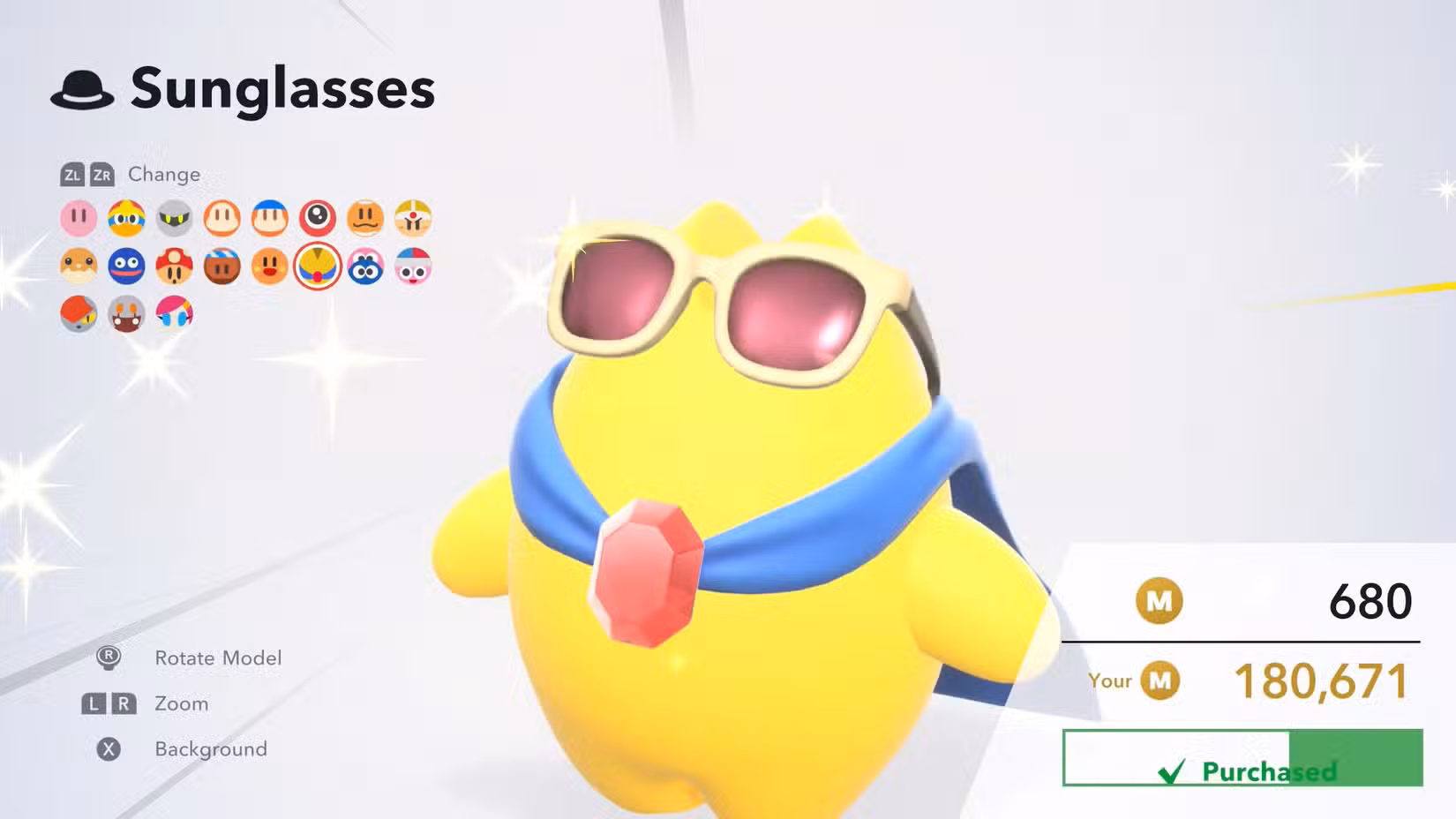 Starman experimenta óculos de sol em Kirby Air Riders.