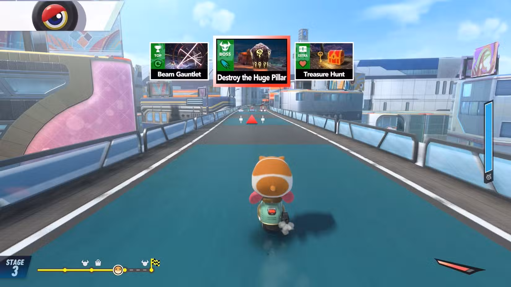 Rick, o hamster, anda em uma scooter com três opções de minijogos à sua frente em Kirby Air Riders.