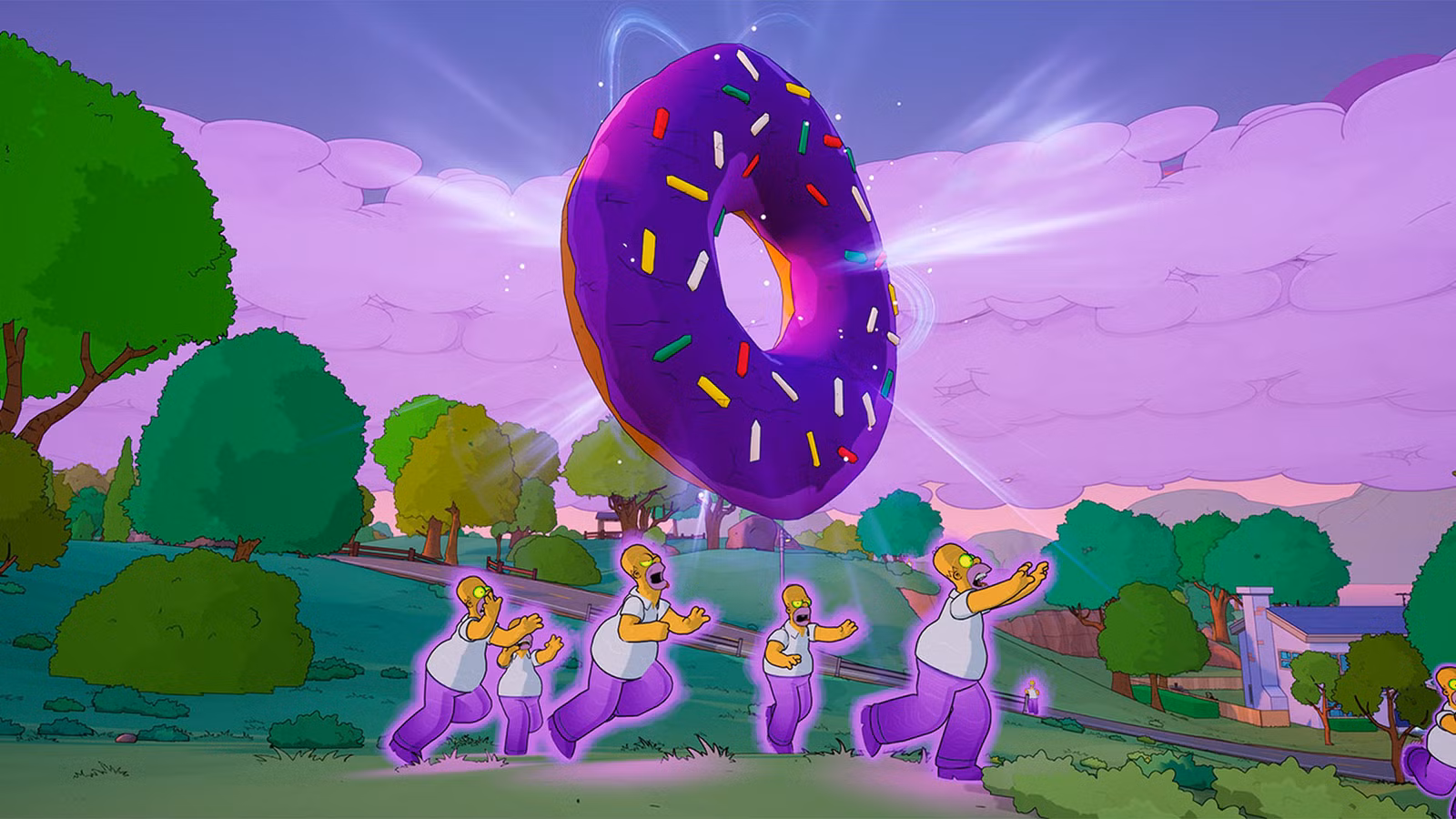 Homer clona sob um enorme donut flutuante em Fortnite.